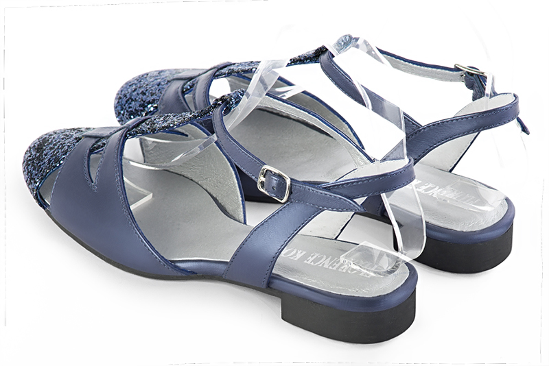 Prussian blue women's open back T-strap shoes. Round toe. Flat leather soles. Rear view - Florence KOOIJMAN
